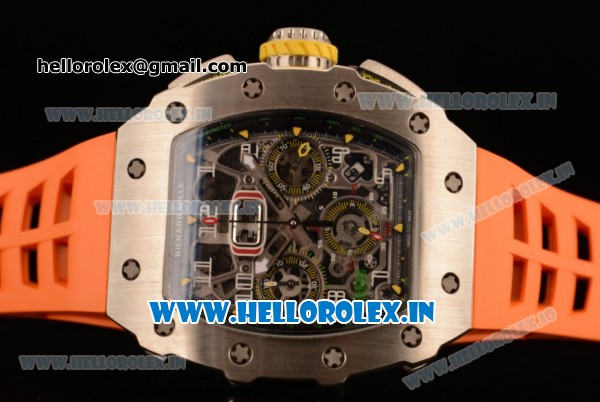 Richard Mille RM11-03 Swiss Valjoux 7750 Automatic Steel Case Skeleton Dial With Arabic Numeral Markers Orange Rubber Strap(KV) - Click Image to Close